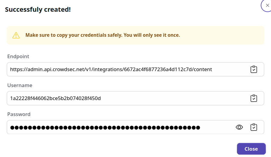 Raw IP List Integration Credentials Screen